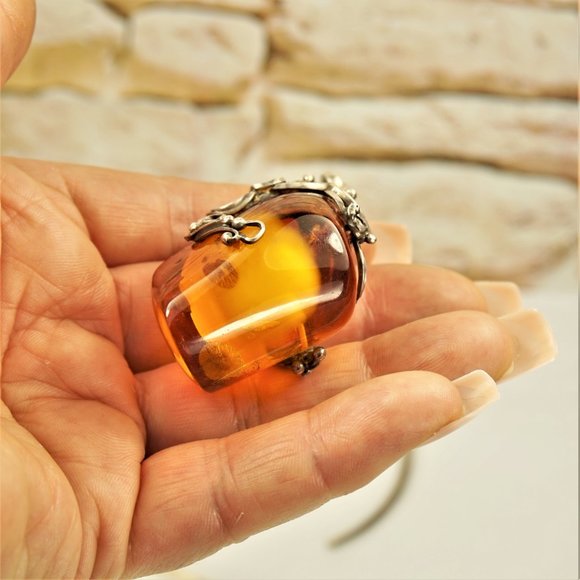HUGE AMBER STERLING PENDANT WITH MEXICO SILVER WIRE, RARE GIFT FOR WOMEN - Picture 11 of 13